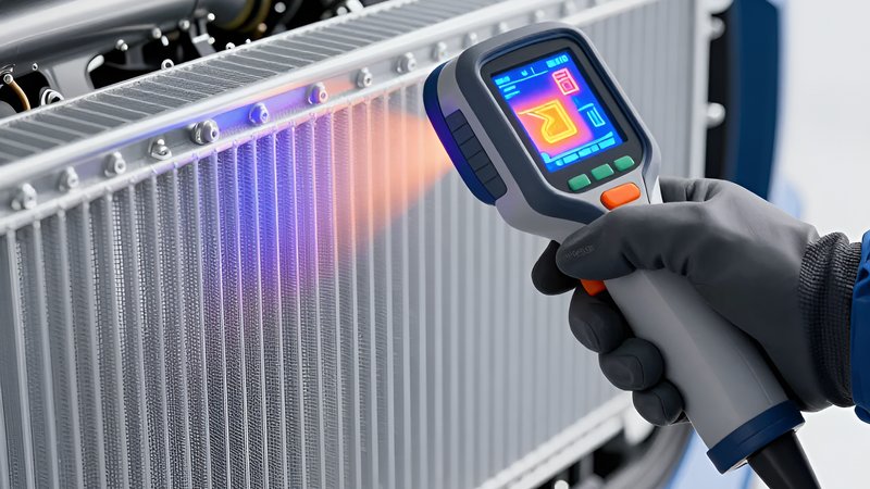 Техник сканирует радиатор тепловизором, демонстрируя современные тренды обслуживания систем охлаждения авто 2026